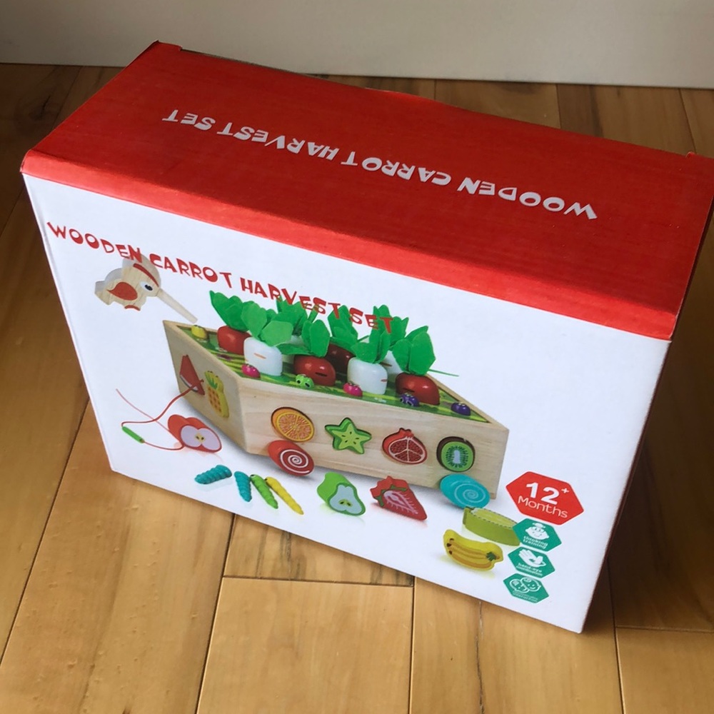 New in Box. Wooden Carrot Harvest Set.